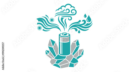 Battery charging with natural elements, including sun, water drops, and air vapor for energy
