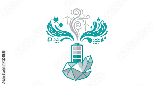 Battery charging with natural elements in energy, including sun, water drops, and air vapor