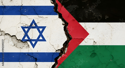 Israel and Palestine Flags on Cracked Wall Symbolizing Middle East Conflict and Political Tension