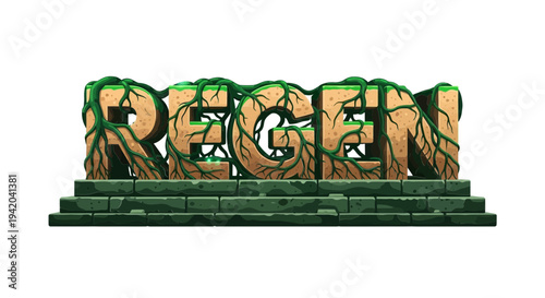 Word REGEN made of stone covered in moss and roots, on stone pedestal, nature theme