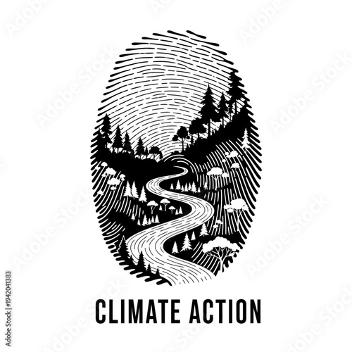 Fingerprint with nature landscape, river, trees, and text climate action, symbolizing environmental preservation