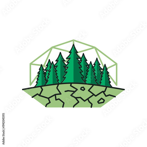 Green trees on cracked earth within geometric shape, forest conservation concept