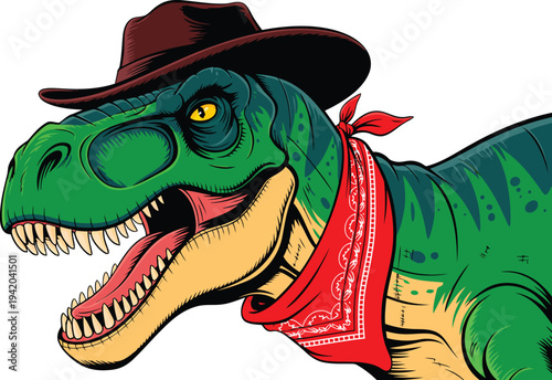 Vibrant cartoon dinosaur illustration of a Tyrannosaurus Rex sporting a cowboy hat and a red bandana