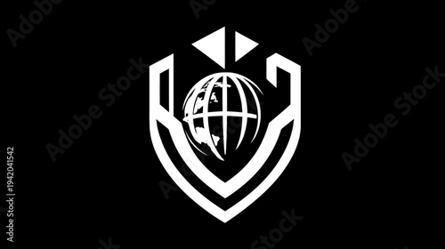 Black and white emblem features a shield shape, globe, and geometric elements