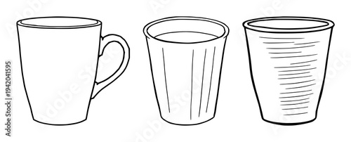 Drinkware set with various outlined cups and glasses featuring coffee mugs, tea cups, tumblers with wine glasses and champagne flutes
