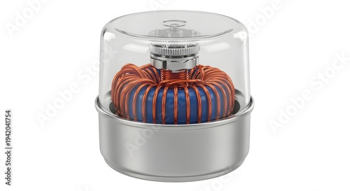 Close up view of a toroidal inductor or choke coil with copper wire wrapped around a blue core