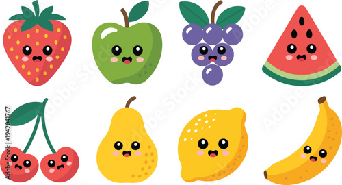 Vibrant cartoon fruit characters with joyful expressions walk together making peace hand gestures