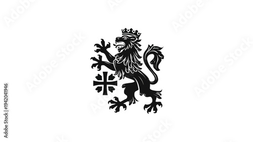 Black silhouette of a crowned lion rampant, holding a cross, on white background