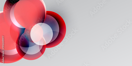 Abstract design features overlapping circles. Red, white, translucent shapes create dynamic visual effect against dark, light backgrounds.