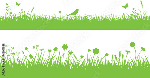 Vibrant green grass and wild flower silhouettes with a small bird and butterflies flying
