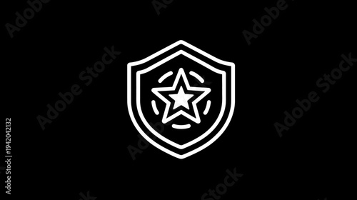 A white outline of a star within a star and shield shape on a black background
