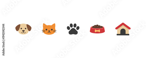 Pet Icons Set Dog Cat Paw Food Bowl House