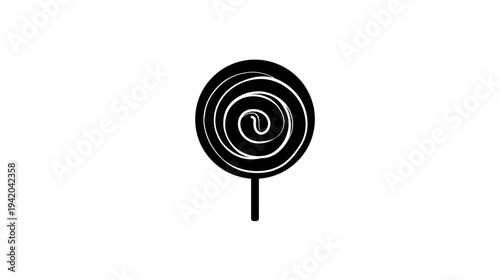 A simple, black-and-white image of a swirly lollipop on a stick, centered on a white background
