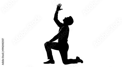 Black silhouette of a man kneeling and raising his hand vector