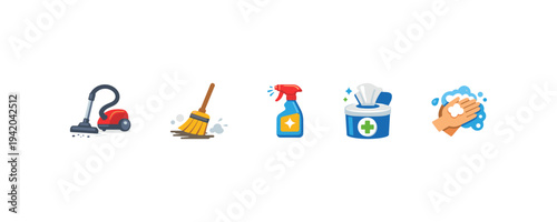 Cleaning Tools Icons Set Vacuum Mop Spray Bucket Gloves