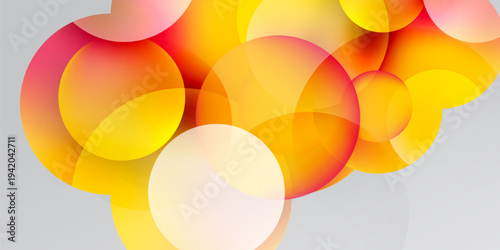 Abstract circles overlap, creating warm color gradients. Yellows, oranges, reds blend against dark background. Modern design element.