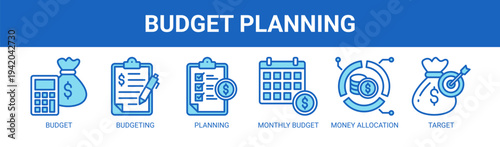 Budget Planning web banner icon vector illustration concept with icons of budget, budgeting, planning, monthly budget, money allocation, and target.