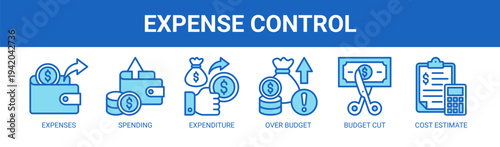 Expense Control web banner icon vector illustration concept with icons of expenses, spending, expenditure, over budget, budget cut, and cost estimate.
