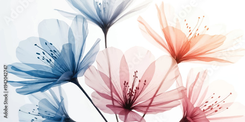Soft focus image of delicate translucent flowers in pastel blue, pink, and orange, with a bright white background, evoking a sense of calm and purity, design element