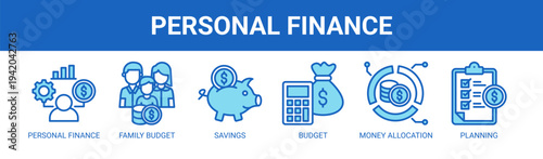 Personal Finance web banner icon vector illustration concept with icons of personal finance, family budget, savings, budget, money allocation, and planning.