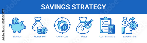 Savings Strategy web banner icon vector illustration concept with icons of savings, money bag, cash flow, target, cost estimate, and expenditure.