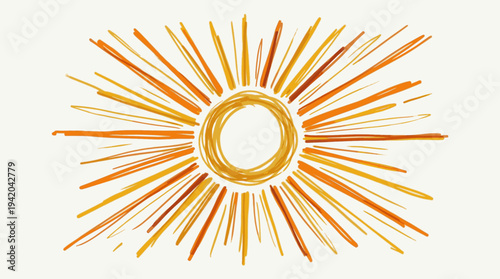 Hand Drawn Sun with Warm Orange Yellow Rays Against White Background