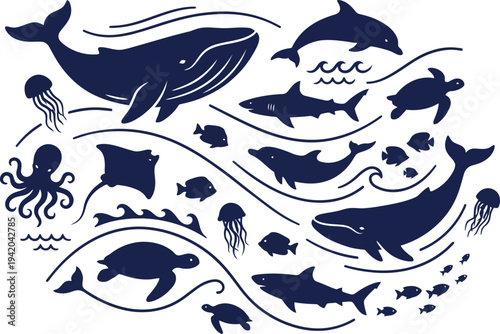 Creative navy blue vector illustration of sea creatures arranged in a dynamic, flowing wave composition on a white background