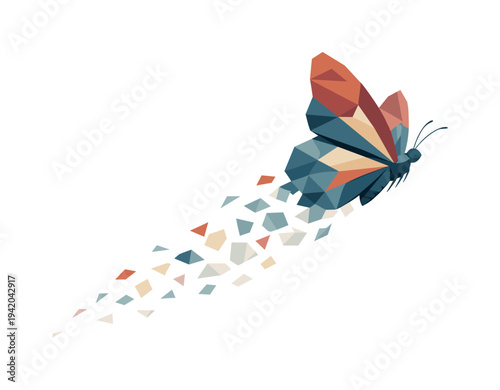 Low-poly vector illustration of a butterfly ascending smoothly after takeoff, calm angular wing rhythm with body rising gently