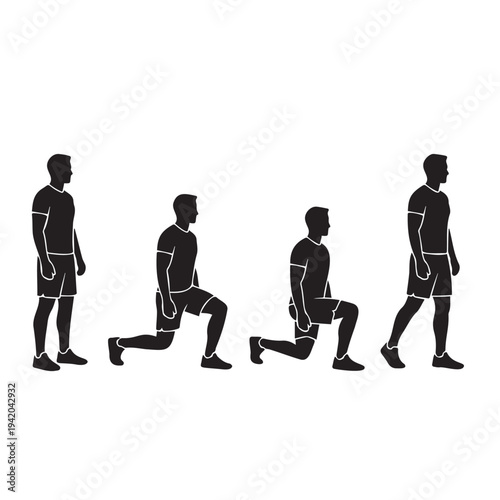 Walking Lunge Workout Steps Silhouette, Male Fitness Exercise Sequence