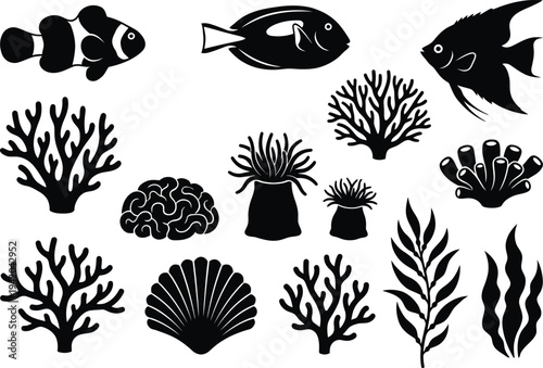 High-quality black vector silhouettes representing a diverse tropical ocean ecosystem