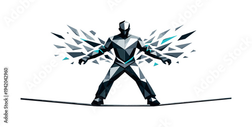 Low-poly vector illustration of a tightrope walk tension breakthrough moment, figure regaining balance with a strong centered