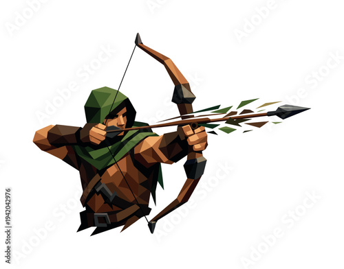 Low-poly vector illustration of an archer releasing an arrow, single focused archer with sharply faceted anatomy and angular bow,