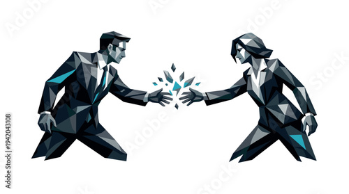Business Connection Abstract. Low-poly vector illustration of two business professionals preparing for a handshake, angular