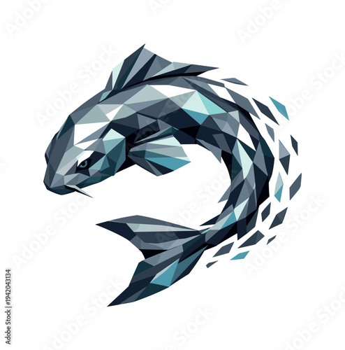 Low-poly vector illustration of a koi fish preparing to swirl, angular body slightly bent with tail fin drawn inward and head