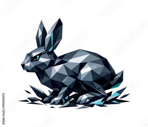 Low-poly vector illustration of a rabbit tensing before escape, compact angular stance with hind legs coiled tightly beneath the