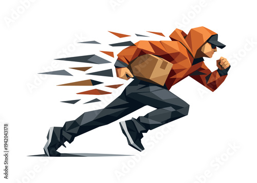 Low-poly vector illustration of a courier sprinting during a delivery rush, single courier with sharply faceted anatomy and