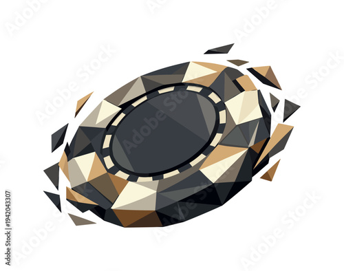 Low-poly vector illustration of a poker chip at peak rotation mid-air, faceted faces twisting with visible angular tension,