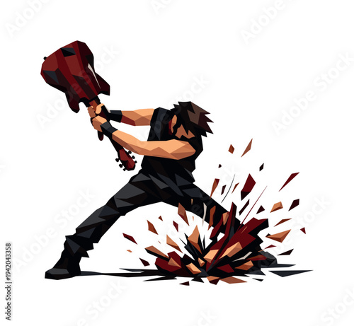 Low-poly vector illustration of a musician smashing a guitar in a dramatic performance climax, single rock musician with sharply