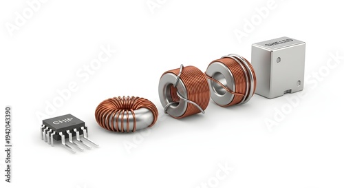 Row of electronic components including microchip and various copper wire inductors