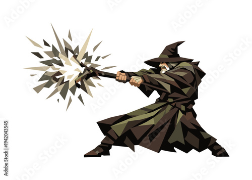 Wizard's Powerful Blast. Low-poly vector illustration of a wizard at peak strain during the staff blast, body twisted with visible