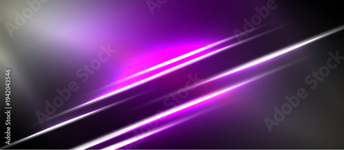 Abstract background features vibrant purple, white streaks. Dark areas contrast bright illumination creating dynamic visual effect.