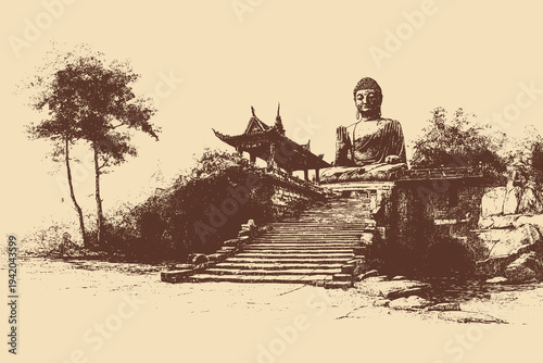 Thailand, Phuket Big Buddha illustration in a vintage style. This vector illustration can be used in any size you like for advertising, logos, and other work.
