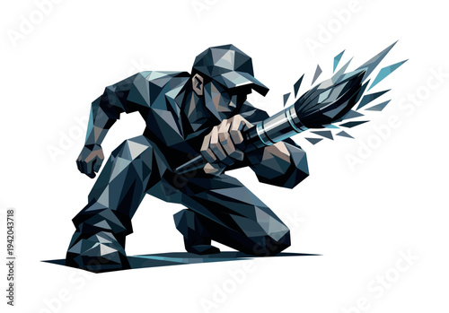Painter's Anticipation. Low-poly vector illustration of a painter preparing for a brush splash, grounded angular stance with