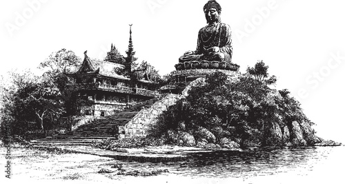 Thailand, Phuket Big Buddha illustration on a white background. This vector illustration can be used in any size you like for advertising, logos, and other work.
