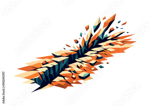 Low-poly vector illustration of an earthquake crack split escalating, ground violently shearing apart as the fissure widens