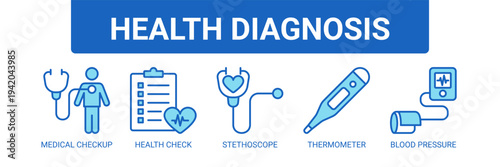 Health Diagnosis web banner icon vector illustration concept with icons of medical checkup, health check, stethoscope, thermometer, and blood pressure monitor.