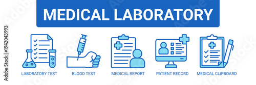 Medical Laboratory web banner icon vector illustration concept with icons of laboratory test, blood test, medical report, patient record, and medical clipboard.