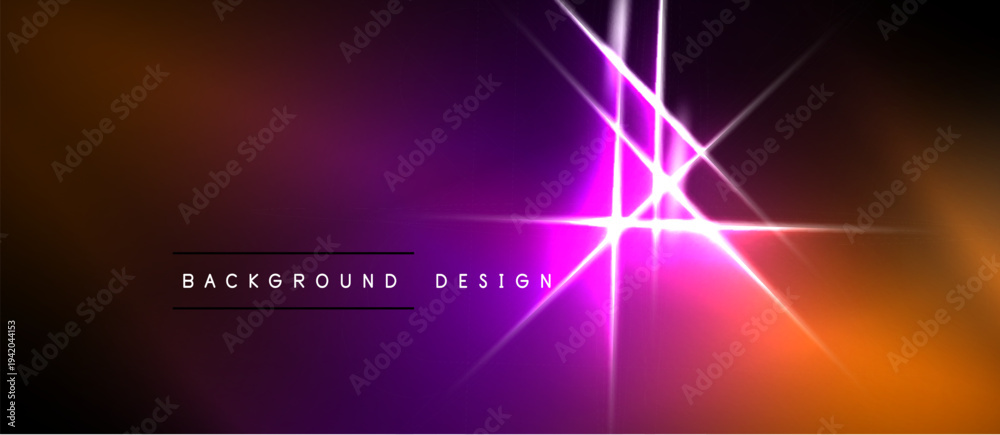 Obraz premium Vibrant purple, orange gradient. Bright light streaks intersect center. Text reads background design. Modern abstract visual.