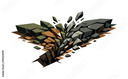 Low-poly vector illustration of an earthquake crack split under peak tension, land compressed into dense angular planes as