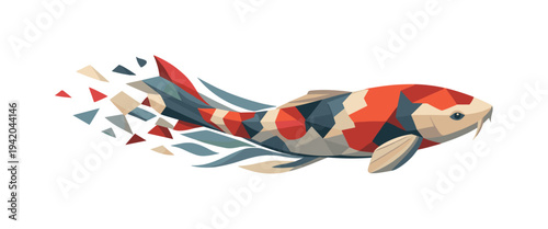 Serene Koi Motion. Low-poly vector illustration of a koi fish easing out of the swirl into a calm glide, controlled angular